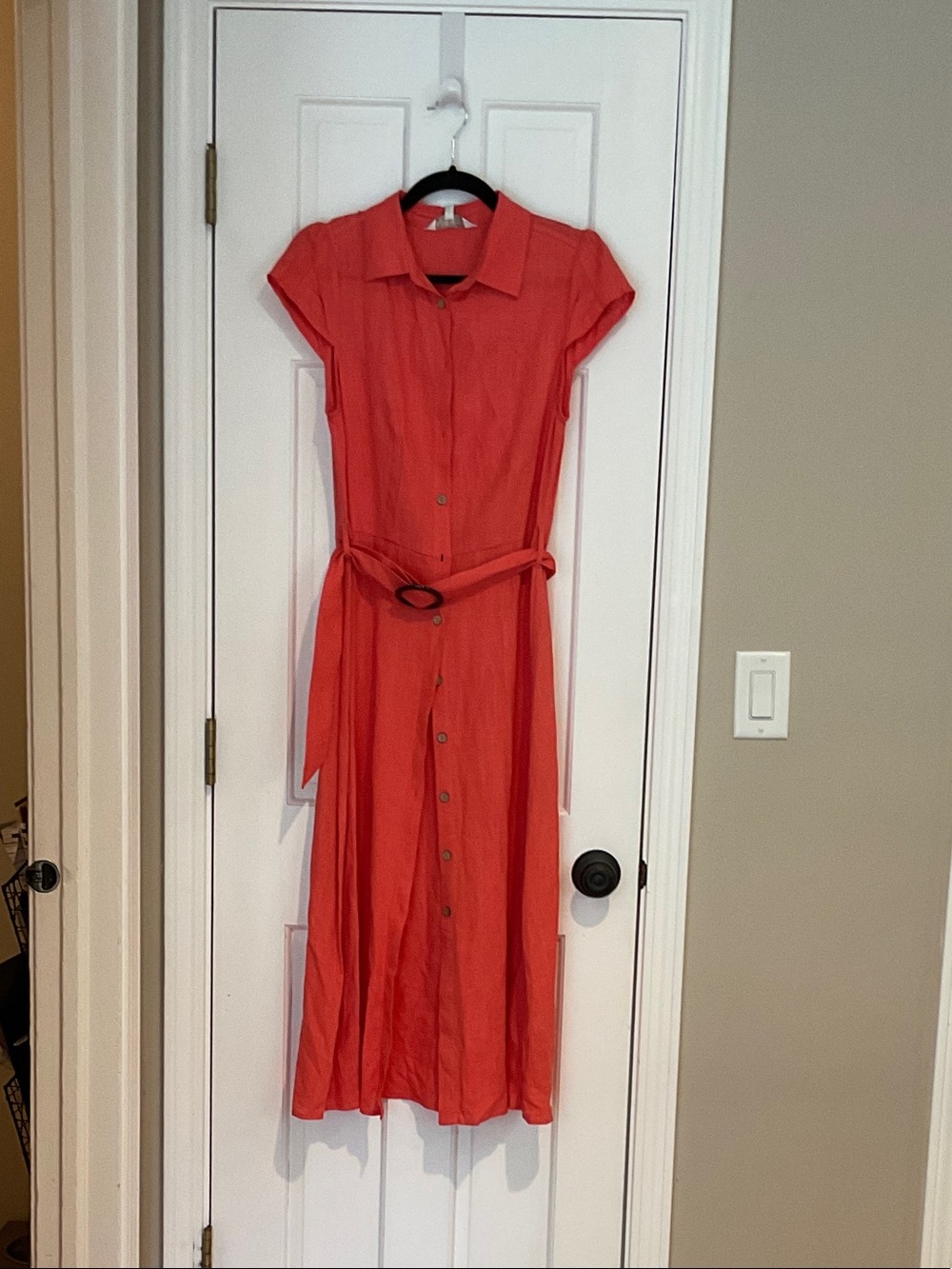 APRICOT Coral-Red Button Front Midi Shirt Dress with Belt